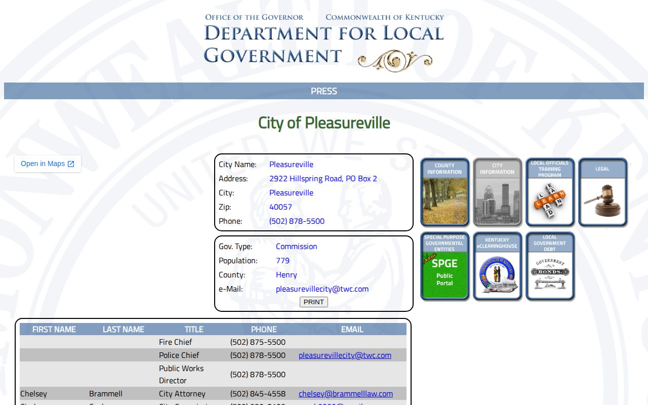 Pleasureville official city profile for arrest record jurisdiction contact