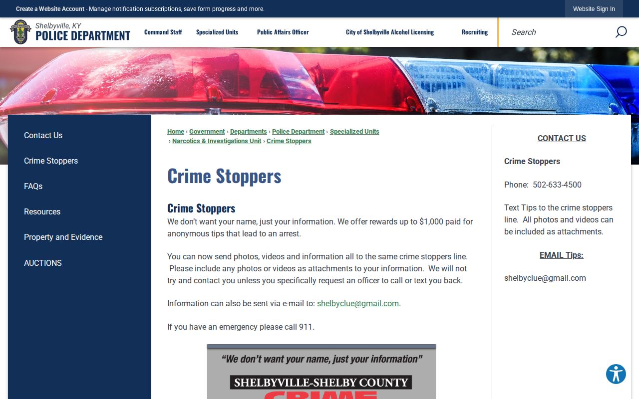 Shelby County Crime Stoppers anonymous tip information